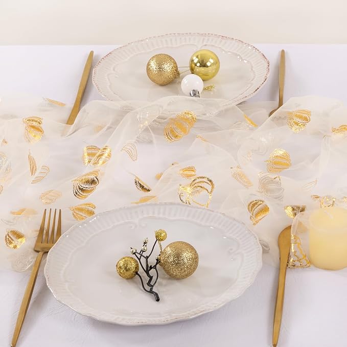 Socomi Gold Table Runner Fall Pumpkin Gauze Sheer Chiffon Cheesecloth Sequin 10FT Glitter Metallic Foil Dining Wedding Birthday Party Baby Shower Holiday Centerpiece Table Decor 3pcs Beige