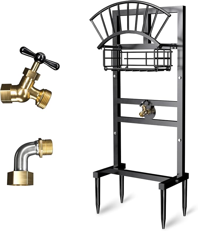 Garden Hose Holder Freestanding with Brass Faucet, Metal Heavy Duty Freestanding Garden Hose Hanger Storage Stand, Hose Storage for Outside Yard Lawn Farm, Outdoor Organizer