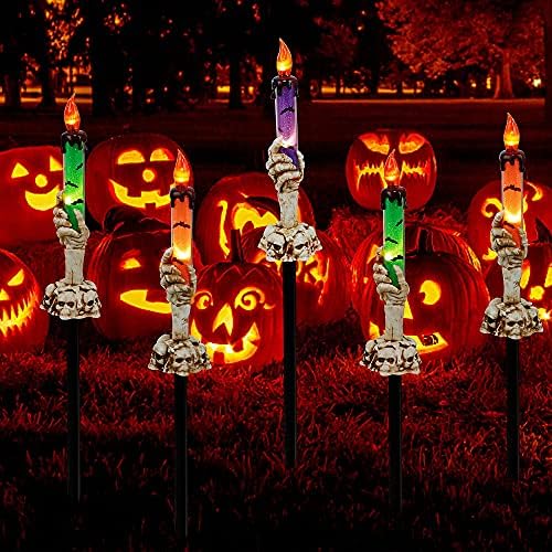 Halloween Decorations, 5 Pack Tabletop Candle Lights with Skeleton Ghost Hand, Waterproof Lighted Yard Stakes, Battery Operated for Light Up Halloween Indoor/Outdoor Garden Decor - Image 2