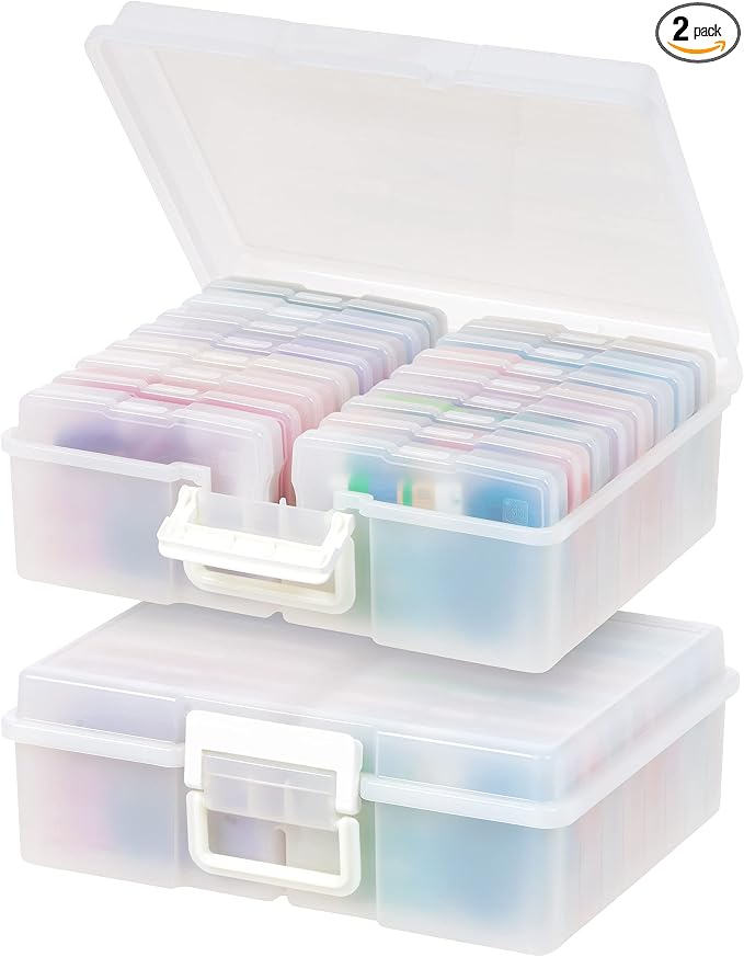 IRIS USA 4" x 6" |Made in USA| 2-Pack Photo Organizers and Picture Storage Box with Handle, 16 Inner Cases/Containers for Tasks, Stickers, Ephemera, & Flashcards - Pearl