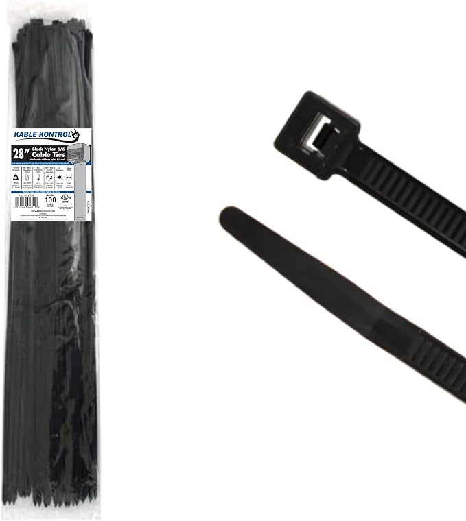 Kable Kontrol Heavy Duty Cable Zip Ties 100 Pcs 28 Inch Black, 175 Lbs Tensile Strength, Self-locking UV Resistant Plastic Nylon Wire Ties, for Indoor or Outdoor Use