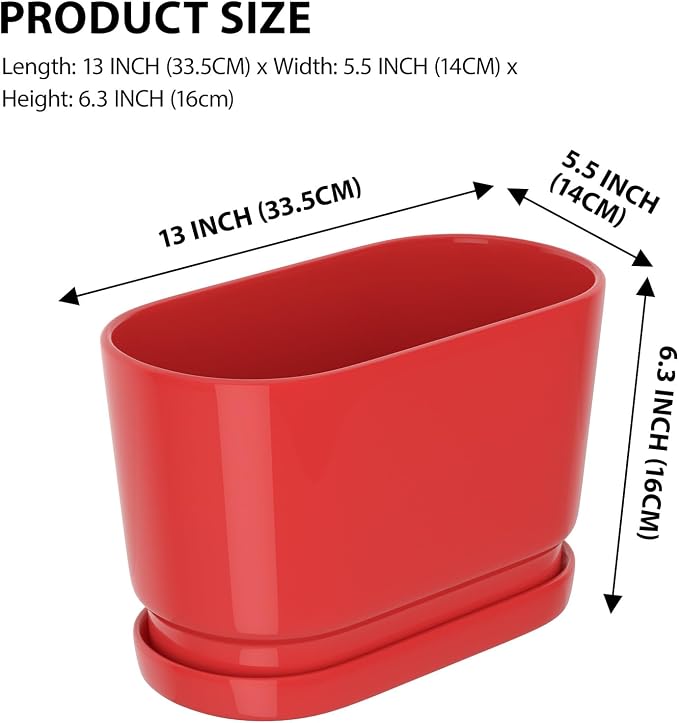 13" Rectangular Ceramic Planter with Drainage and Saucer, Red | Indoor Outdoor Use, 13"L x 5.5"W x 6.3"H, Modern Home Decor, Window Box Planter, Red Glossy Finish