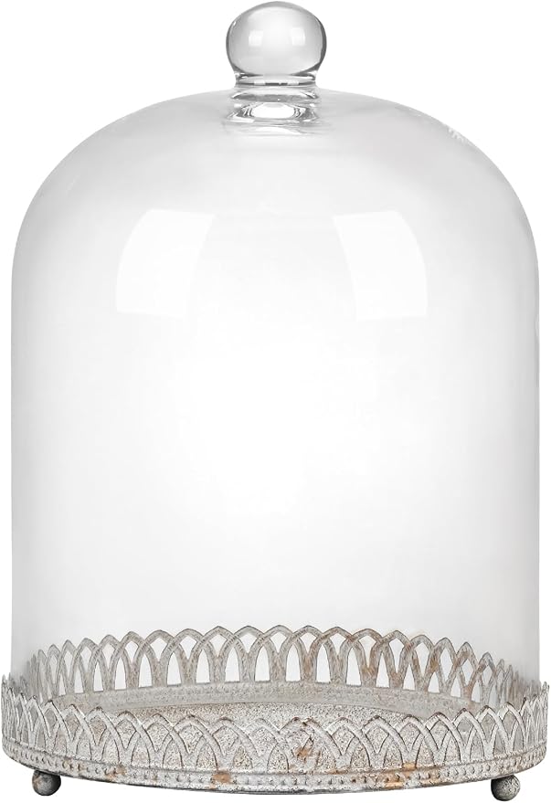 Twakutwku 14" Tall Large Sturdy Handmade Glass Cloche Dome with Metal Base in Shabby White for Plant, Terrarium, Collectibles, Candle. Cloche Glass Dome, Bell Jar Display Case (Shabby White, 14")
