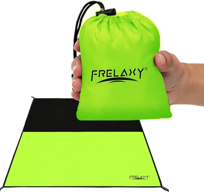 Frelaxy Pocket Picnic Blanket, Waterproof Sandproof Beach Mat, Compact Camping Tarp for Festivals, Hiking, Travel, Outdoor Recreation (Neon Green & Black, 57'' x 60'')