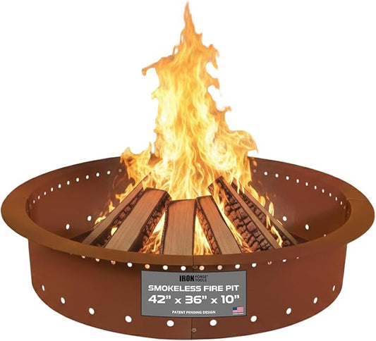 Iron Forge Tools Smokeless Outdoor Fire Pit Ring Insert 42 Inch Round | heavy duty corten steel, permanent fire pit rings, backyard bonfire, smokeless firepit, 36 inch inner ring, pit liner insert