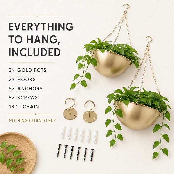 AceList Gold Hanging Planter for Indoor Plants, Set of 2-9.8 Inch Boho Metal Plant Hanger with Hooks & Chain, Brass Finish Hanging Plant Holder for Window, Ceiling & Living Room Decor
