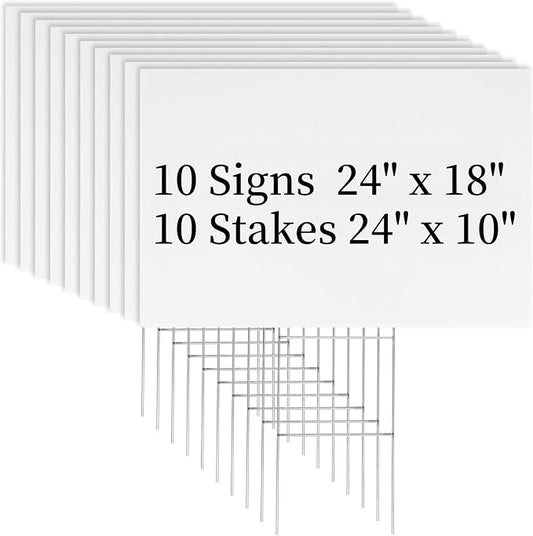 Newflager 10 Pack 18 x 24 Inches Large White Corrugated Plastic Yard Sign with Metal Stakes for Birthday, Real Estate Garage Sale Signs, Rent, Guidepost Decorations