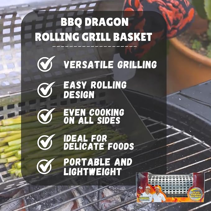 BBQ Dragon Rolling Grill Basket – Large Stainless Steel with Snap-Close Lid, Dishwasher Safe for Vegetables, Fish, and Meat