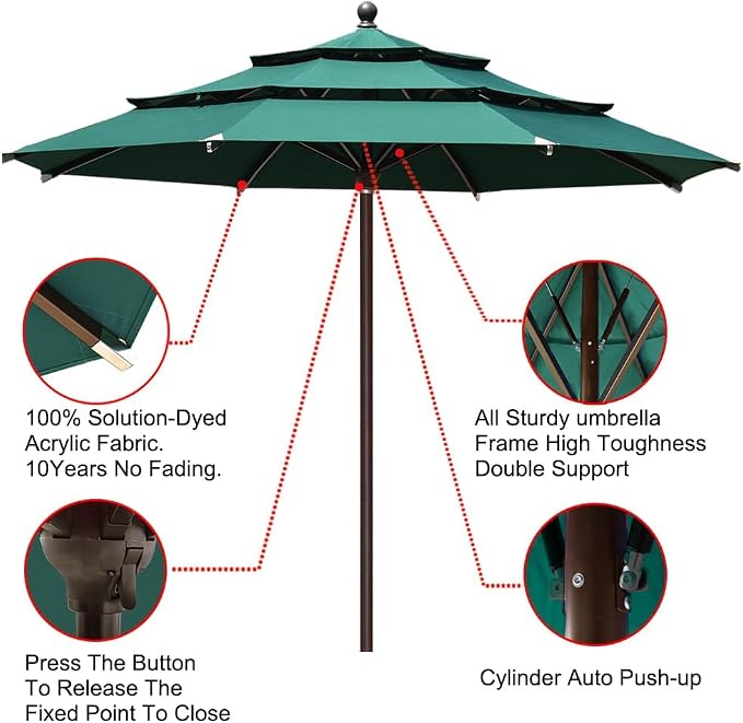 EliteShade USA 10-Year-Non-Fading 11ft 3-Tier Market Patio Umbrella, Commercial Grade Outdoor Table Umbrella with Cylinder Push-Up, Windproof & UPF 50+ UV Protection, Heavy Duty Ventilation for Garden, Deck, Pool, Backyard, Beach & Bistro, Forest Green