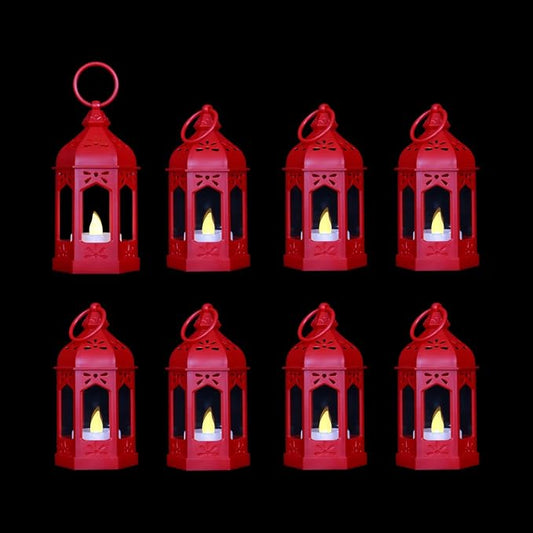 LLQ 8 Pcs Mini Lantern Decor Moroccan Lantern with Flickering LED Candle Table Centerpiece Small Vintage Christmas Hanging Lamp Ornaments Bulk for Wedding Halloween Christmas Party (5 Inch,Red)