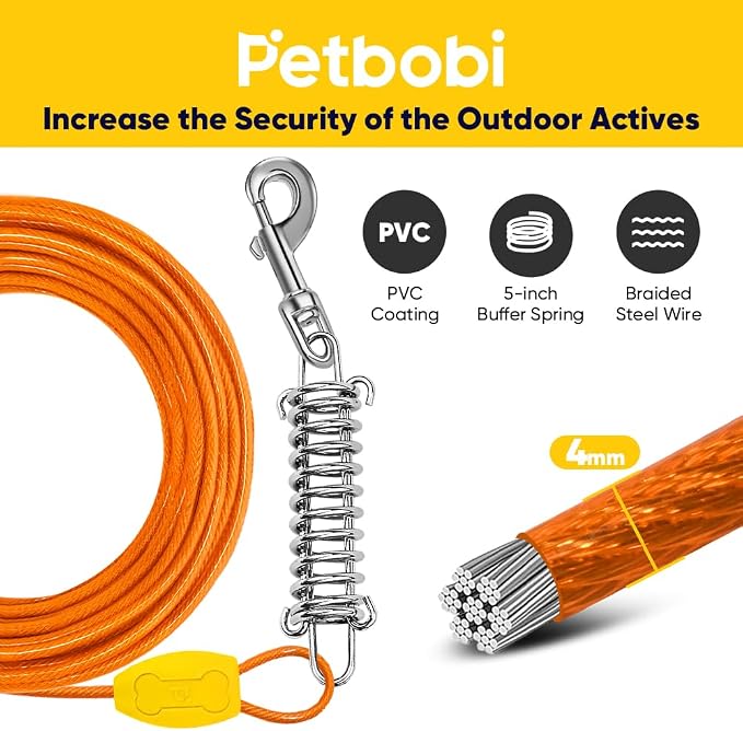 Petbobi Dog Tie-Out Cable and Stake - 50ft Heavy Duty Cable with Spring, No Tangle, 16in Ground Stake, Ideal for Outdoor Yard, Camping, Suitable for Small Medium Large Dogs Up to 120 lbs, Orange