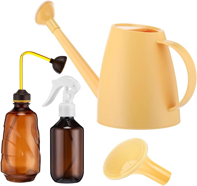 Reallnaive 1/2 Gallon Long Spout Watering Can Set for Indoor & Outdoor Plants – Includes Spray Bottle, Squeeze Bottle, Watering Globes & Soil Moisture Meter for Garden & House Plants(Yellow)