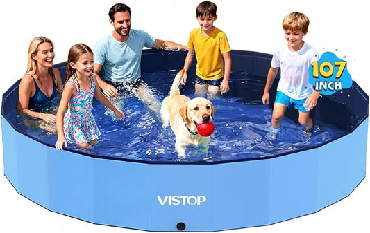 VISTOP Jumbo Foldable Dog Pool, Hard Plastic Shell Portable Swimming Pool for Dogs Cats and Kids Pet Puppy Bathing Tub Collapsible Kiddie Pool (107inch.D x 15.7inch.H, Blue)