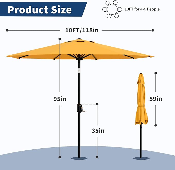 GarveeLife 10FT Patio Umbrella Outdoor, Table Umbrella with Push Button Tilt and Crank, 8 Sturdy Ribs UV Protection Waterproof for Garden, Pool, Market, Deck (Yellow)