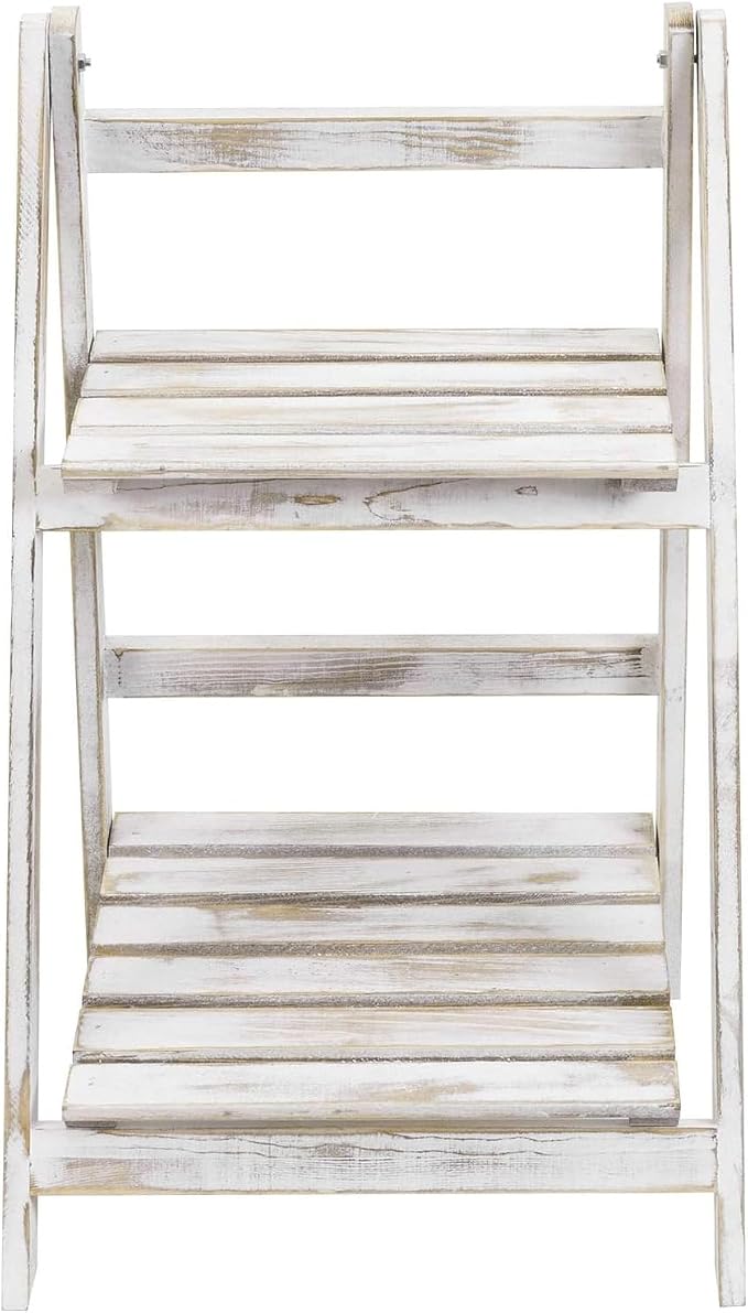 MyGift 2 Tier Rustic Whitewashed Solid Wood Freestanding Foldable Indoor Plant Stand, Decorative Wooden Display Shelf