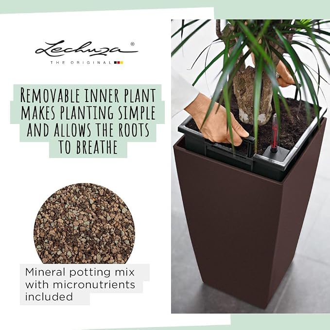 Lechuza CUBICO 40 Black High Gloss, Self-Watering Tall Planter, H29.5 L15.7 W15.7 in