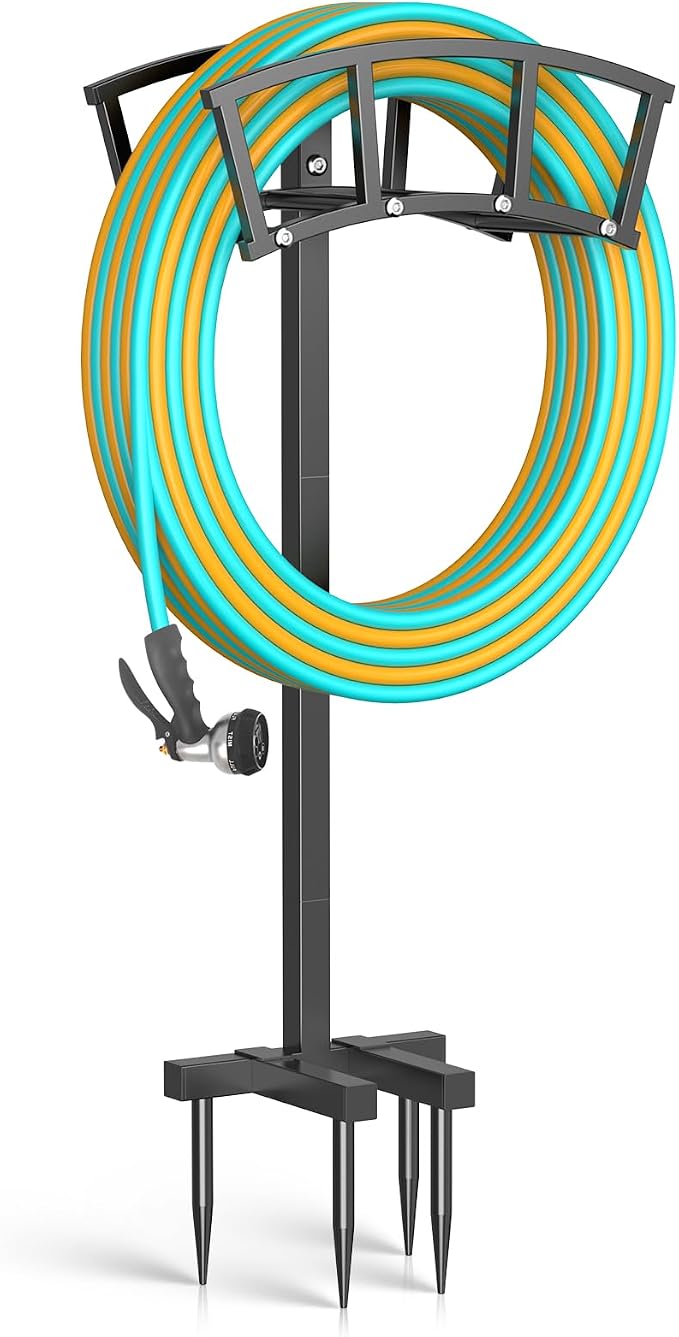 OLV Garden Hose Holder 4 Spikes, Heavy Duty Freestanding Water Hose Holder Stand Holds 150-ft Hoses, Detachable Outdoor Metal Storage Hanger Organizer Rack for Outside Yard Lawn Farm