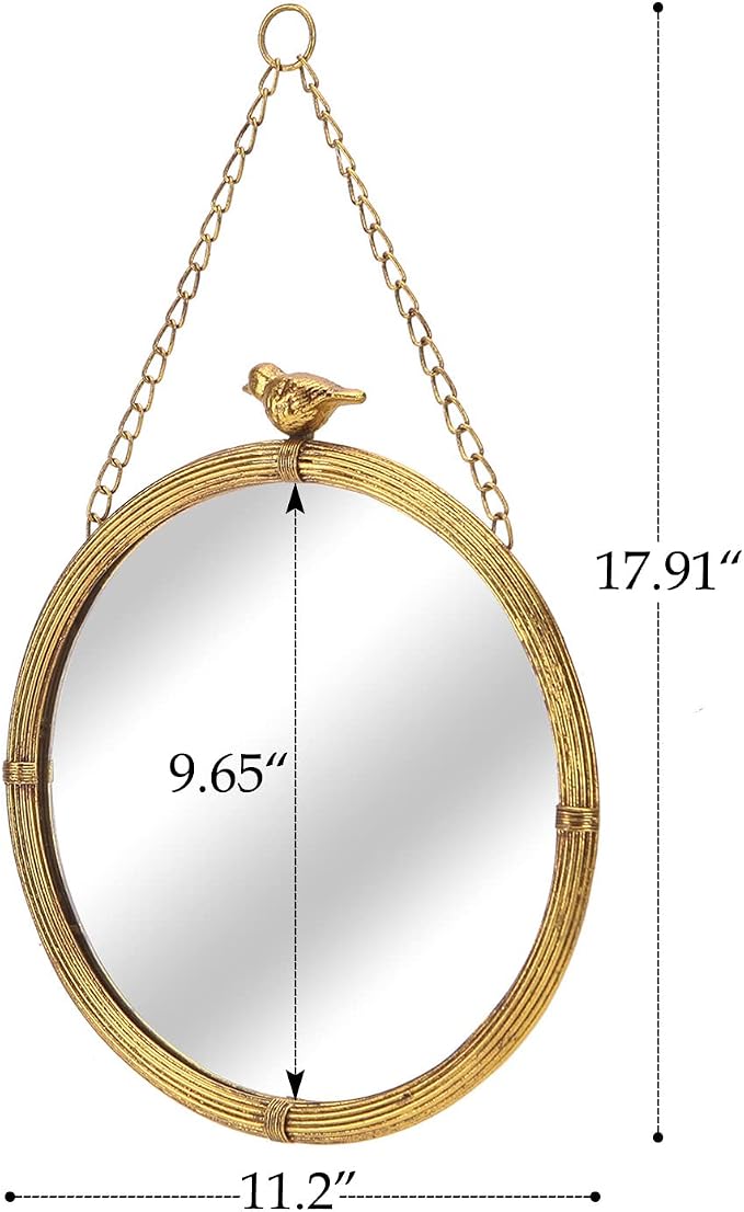 NIKKY HOME 11 Inch Decorative Small Hanging Mirrors Vintage Round Metal Framed Wall Mounted Mirror Decor with Bird for Bathroom Living Room Office, Rustic Gold