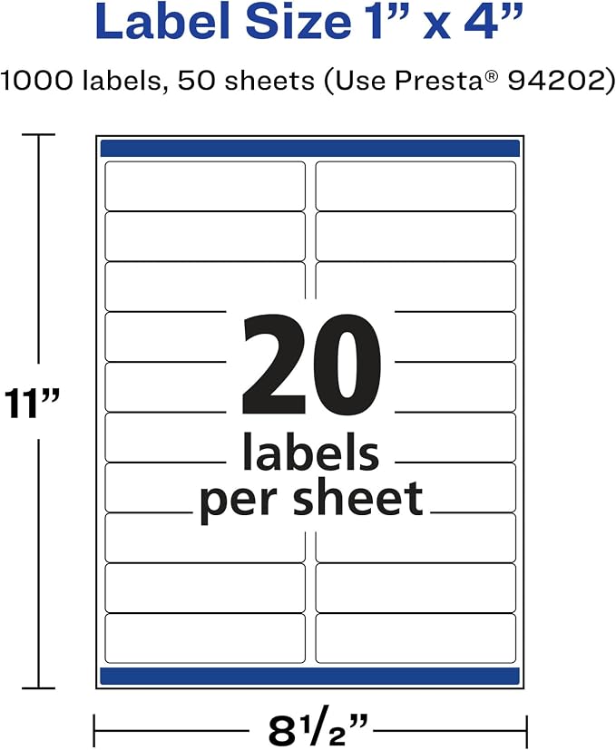 Avery Printable Durable White Rectangle Labels, Sure Feed Technology, 1" x 4", Waterproof Labels, Laser & Pigment-Based Inkjet Compatible, 1000 Total, Great for Product Branding, Marketing, and More