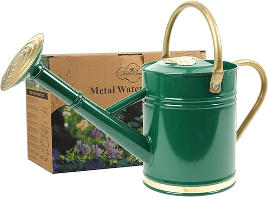 1 Gallon Green Metal Watering Can with Solid Brass Details, Removable Watering Rose, Decorative Garden Can for Indoor Plants, Patio and Greenhouse