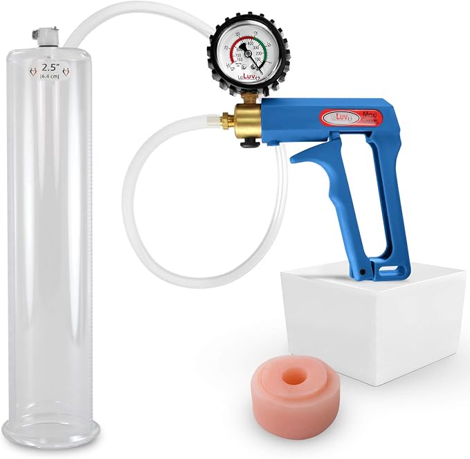 LeLuv Penis Pump Maxi Blue Handle + Protected Gauge - Bundle with Clear Hose, Silicone Donut Seal - 12 inch Length x 2.50 inch Diameter Cylinder