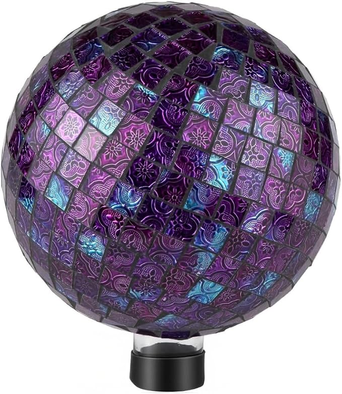 Lily's Home Colorful Mosaic Glass Gazing Ball, Designed with a Stunning Holographic Petal Mosaic Pattern to Bring Color and Reflection to Any Home and Garden, Purple Mirrors (10" Diameter)