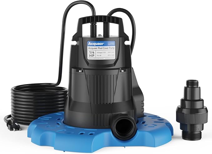 Acquaer 1/4 HP Automatic Pool Cover Pump, 2950 GPH, 115V, 25ft Cord | Submersible Water Pump with 3/4” Check Valve Adapter & 25ft Power Cord, Water Removal for Pool, Hot Tubs, Rooftops, Water Bed