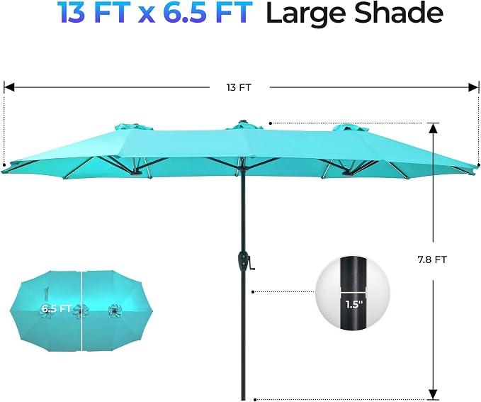 SUPERJARE 13ft Outdoor Patio Umbrella with Solar Lights, Double-sided Deck Pool Umbrella with 1.5 Inch Pole, Fade Resistant Canopy, 12 Sturdy Ribs, for Porch, Market, Backyard, Light Blue(No Base)