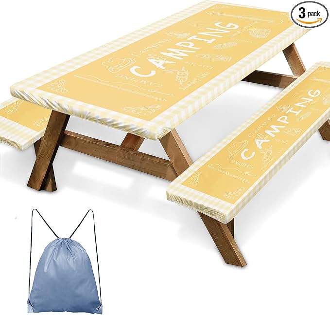 Picnic Table Cover with Bench Covers Elastic Edges, Yellow Camper Fitted Table Cover, Outdoor Patio Camping Essentials 72 Inch 3PCS, Waterproof Camping Fitted Tablecloth with Drawstring Bag