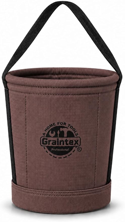 Graintex Canvas Utility Bucket 12"x10"x15". Tapered Tool Bucket, Reinforced Base & Carry Handle, Ripstop Canvas, Multi-Purpose Bag for Jobsite, Gardening, Home Use - Coffee Brown