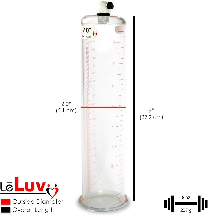 LeLuv Penis Pump Maxi Red Handle + Protected Gauge - Bundle with Clear Hose, Silicone Donut Seal - 9 inch Length x 2 inch Diameter Cylinder