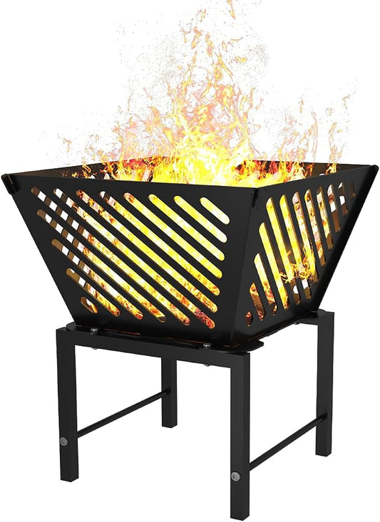 Mondazie Outdoor Fire Pit — 17 Inch Portable with Storage Bag for Camping, Patio Heating, Picnic and BBQ, Trapezoid Diagonal Hollow, Black