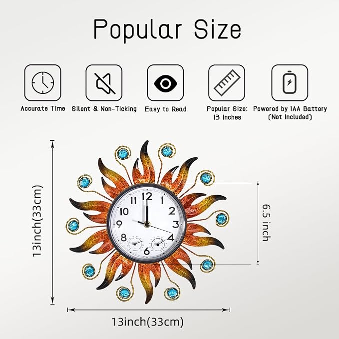 Sun Outdoor Clock with Thermometer and Hygrometer Combo, Silent No-Ticking Outdoor Wall Clock, Waterproof Quartz Clock for Patio, Living Room, Kitchen, Garden, 13 Inch | Silent No-Ticking, Easy to Read, Quartz Clock Waterproof, Decor for Patio, Living ...