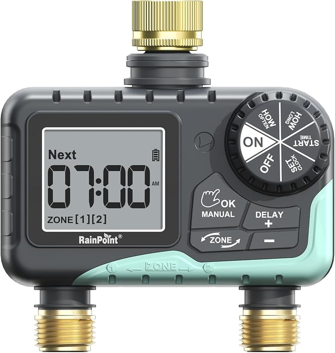 RAINPOINT 2 Zone Sprinkler Timer with Brass Inlet and Outlet - Water Timer for Garden Hose with Rain Delay/Manual Watering/Automatic Irrigation Controller System for Yard Lawn Garden(Blue)