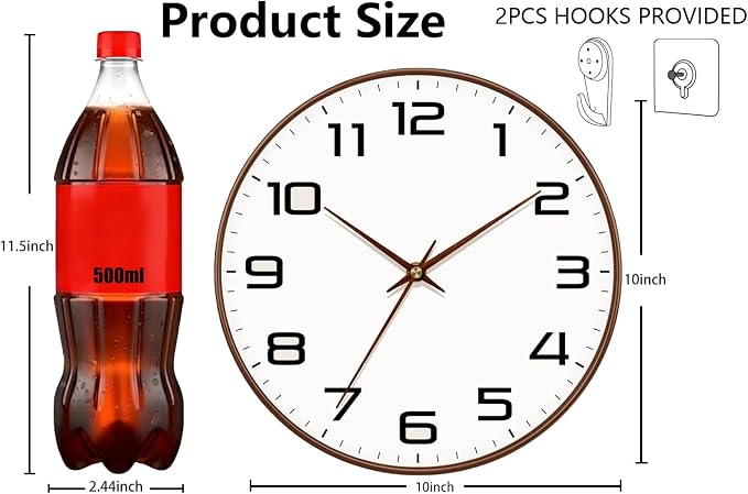 Woodgrain Wall Clock, Silent Non-Ticking Battery Operated Clock 10 Inch, Large Easy-to-Read Number Digital Wall Clocks, Modern Analog Clocks for Living Room Bedroom Kitchen Office Gym, Brown