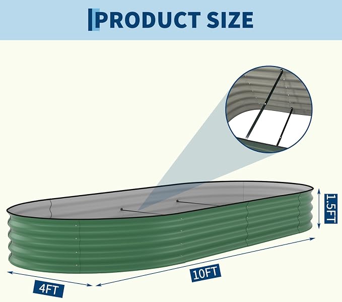 Garvee 2 Pack 10x4x1.5ft Galvanized Raised Garden Bed Kit, Oval Metal Planter Boxes with Anti-Cut Safety Edges, Rust-Resistant Deep Root Planters for Outdoor Vegetables, Flowers, Herbs, Green