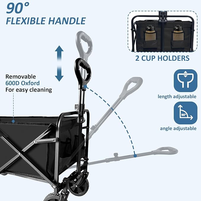 Collapsible Utility Cart Folding Wagon, 320lbs Capacity Lightweight Rolling Cart with Quiet Wheels, Quick-Fold Design for Camping, Shopping, Ourdoor Use, Black