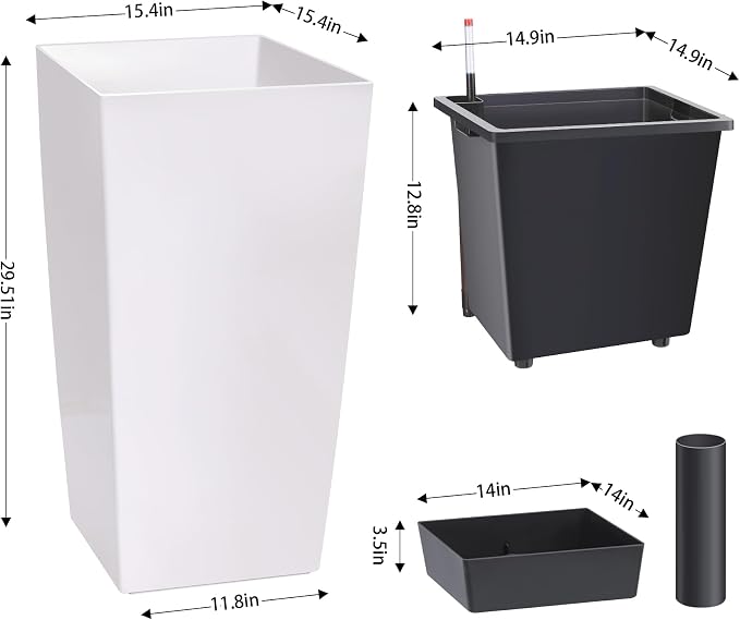 GarveeLife 30" Tall Planters Set of 2, Outdoor&Indoor Black Planter Pots, High Front Porch Planter Pots with Drainage Holes&Water Level Monitor Movable Wheels &Inner Bucket, Automatic Watering, White