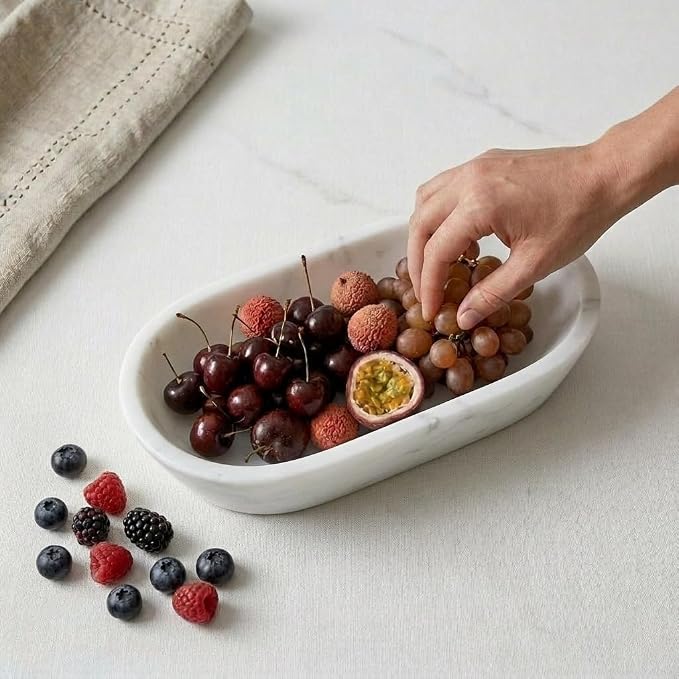Radicaln Marble Dough Bowl 10" Inches White Handmade Oval Bowl For Kitchen Table Décor, Ideal Candy Bowl, Decorative Bowl and Marble Bowl For Keys Entryway Table