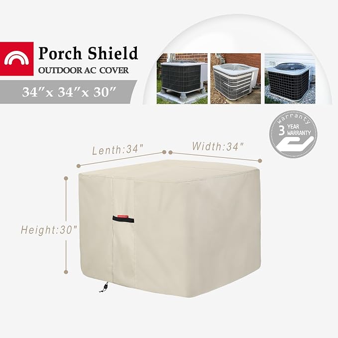 Porch Shield Waterproof AC Covers – Heavy Duty Square Air Conditioner Cover for Outside Unit Up to 34''L x 34'' x 30'', Tan