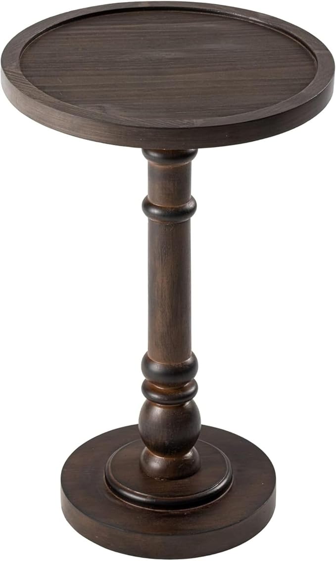 COZAYH Traditional Rustic Pedestal Table, Round Tray Top End Table with Farmhouse Style Distressed Finish for Small Spaces, Dark Brown