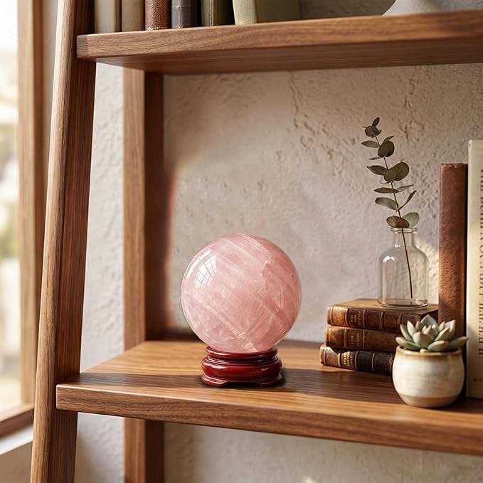 1.6-2 inch Natural Pink Crystal Ball with Stand, Hand Polished Rose Quartz Gemstone Sphere, Reiki Healing Energy Stone, Feng Shui Home Desktop Ornament, Spiritual Meditation Decorative Gift