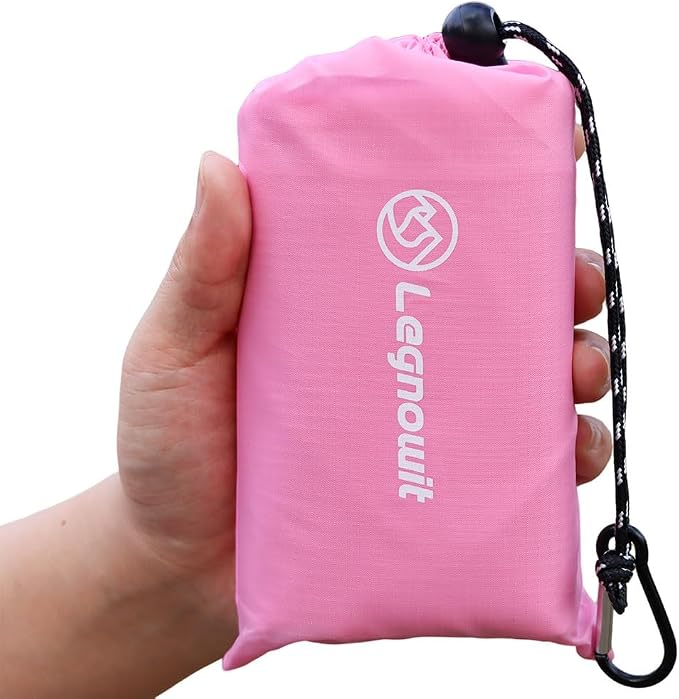 Outdoor Pocket Blanket, 55"x79" Waterproof Foldable Compact Small Picnic Blanket, Ultralight Tarp for Camping, Festival, Beach, Hiking, Backpacking, Travel, Stakes Included (Pink)