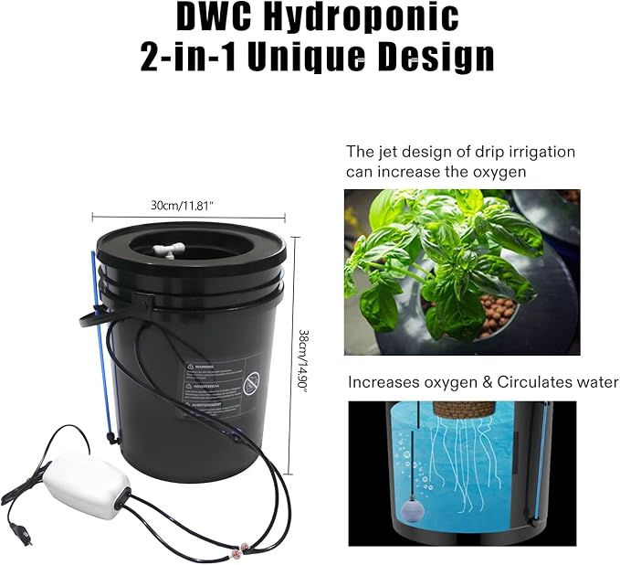 5 Gal Hydroponic Growing System, Indoor Deep Water Culture with Drip Irrigation & Air Pump, 8" Basket Kit for Vegetables, Herbs, Home Garden