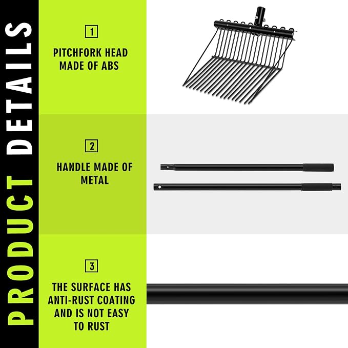 Lasnten 3 Sets Manure Fork with Long Handle, All Metal Head & Handle, Pitch Fork Manure Rake Heavy Duty Dustproof Muck Rake for Gardening Horse Stable Grass Hay Cleaning Farm Work(Black)