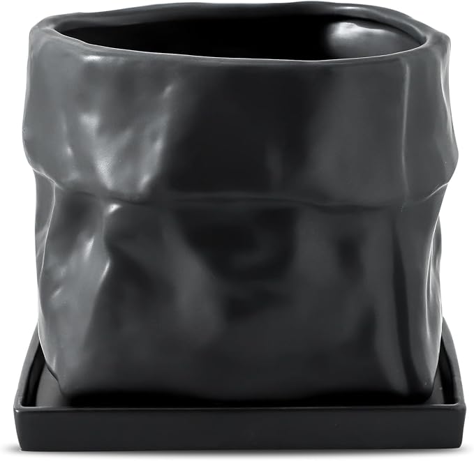 Nihow 8 Inch Ceramic Plant Pot with Drainage & Square Saucer,Black | Bag Shape Design,Indoor & Outdoor,Living room/Office/Bedroom/Windowsill/Tabletop,Plant Lovers/Gardeners/Beginners