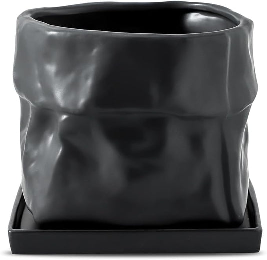 Nihow 8 Inch Ceramic Plant Pot with Drainage & Square Saucer,Black | Bag Shape Design,Indoor & Outdoor,Living room/Office/Bedroom/Windowsill/Tabletop,Plant Lovers/Gardeners/Beginners