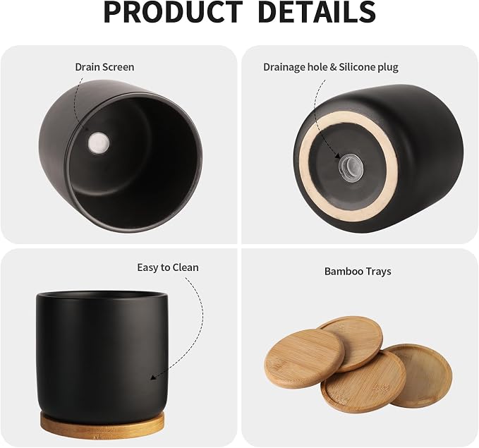 4 Inch Ceramic Plant Pots with Saucer, Black Pot with Drainage Hole | Flower Planter, with Mesh Pads, for Herbs Cactus, Home Decor, Set of 2, Plants Not Included