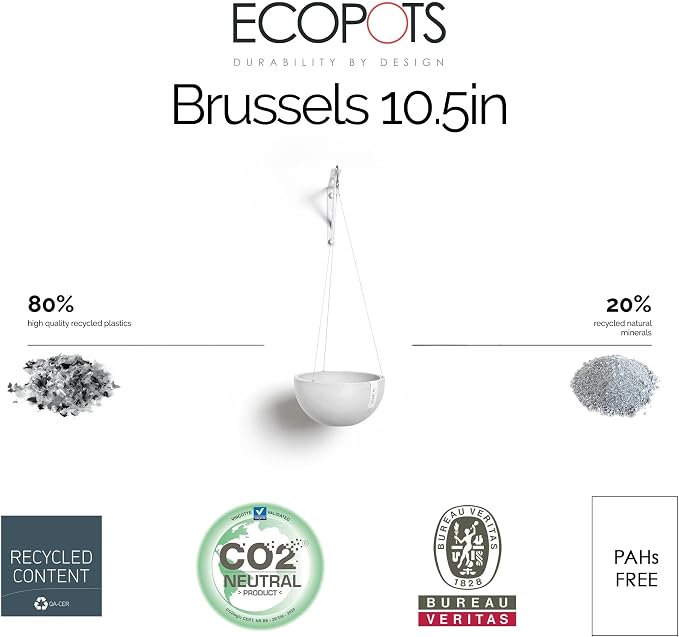 Ecopots Hanging Brussels Durable Modern Round Indoor/Outdoor Recycled-Based Composite Flower Pot Planter, Pure White, 10.5"