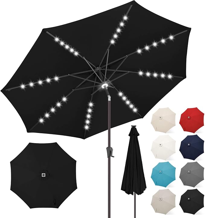 FLAME&SHADE 10 FT Solar Light Patio Umbrella, 40 LED lights outdoor umbrella with Centre Surround Light, Table Market Umbrella for Deck, Pool, Porch, Backyard, Garden, UV Protection, Black